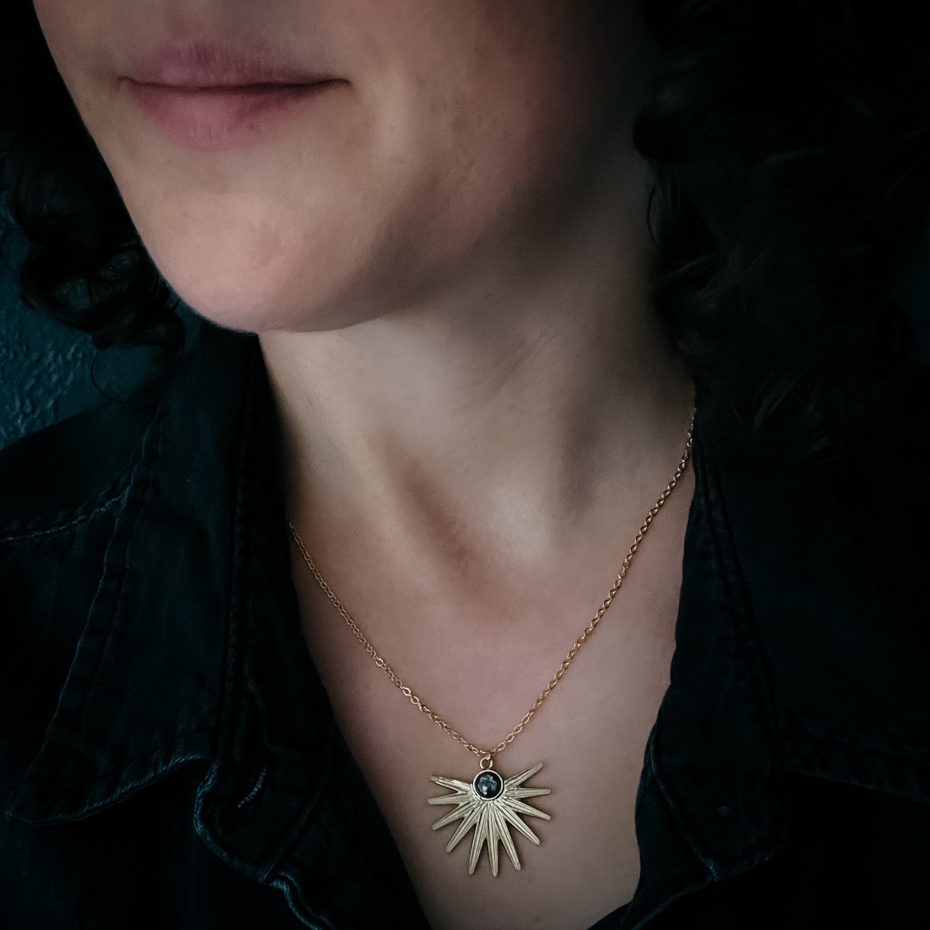 Dark Before the Dawn Sunburst Pendant Necklace with Copper Lapis Lazuli
