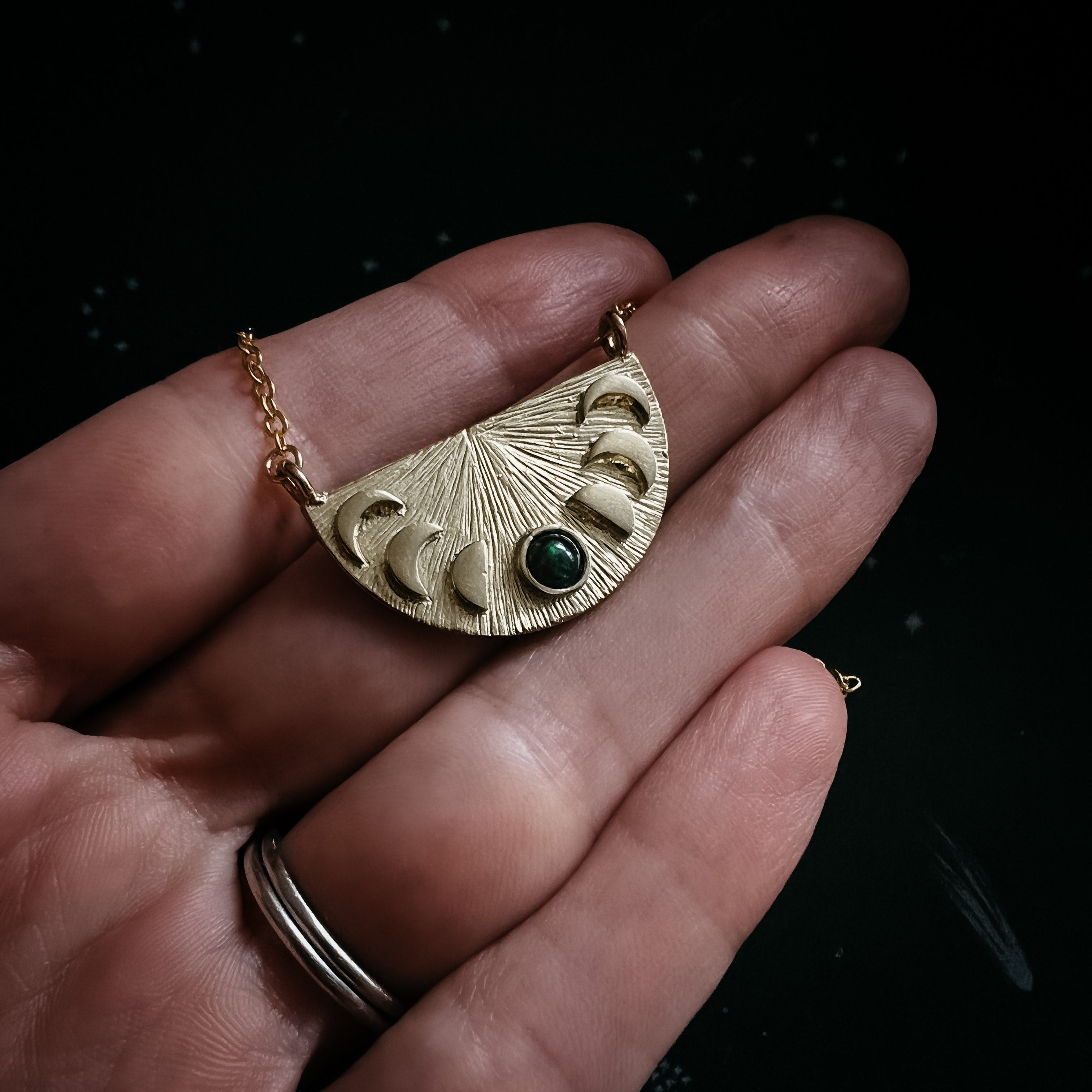 Lunar Eclipse Half Circle Pendant Necklace with Moon Phases and Black Opal