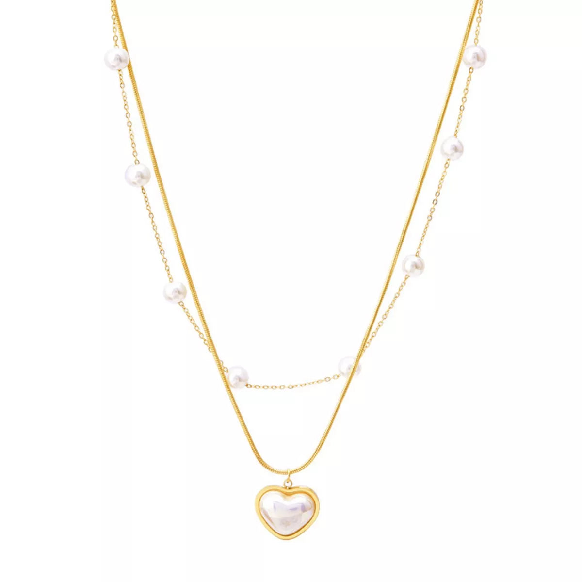 Elegant 18K gold-plated double layered heart necklace featuring synthetic pearls and a heart pendant for timeless luxury styling.