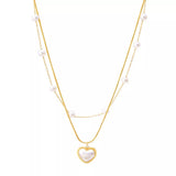 Elegant 18K gold-plated double layered heart necklace featuring synthetic pearls and a heart pendant for timeless luxury styling.