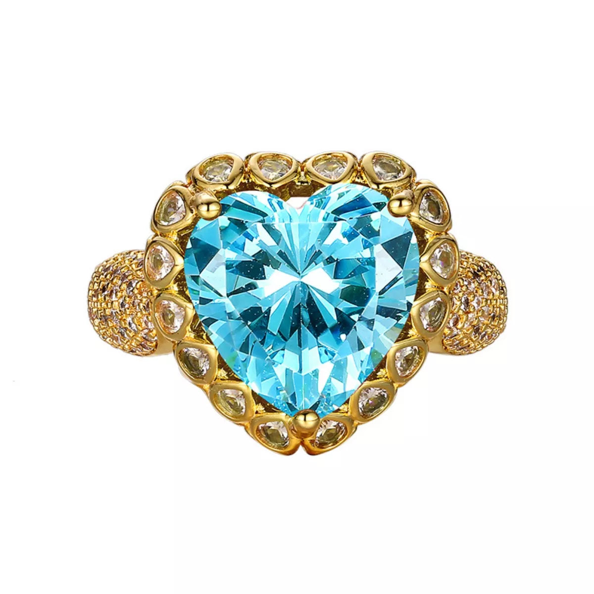 18K gold-plated heart-shaped ring featuring a brilliant aquamarine-colored center stone surrounded by sparkling zircon accents.