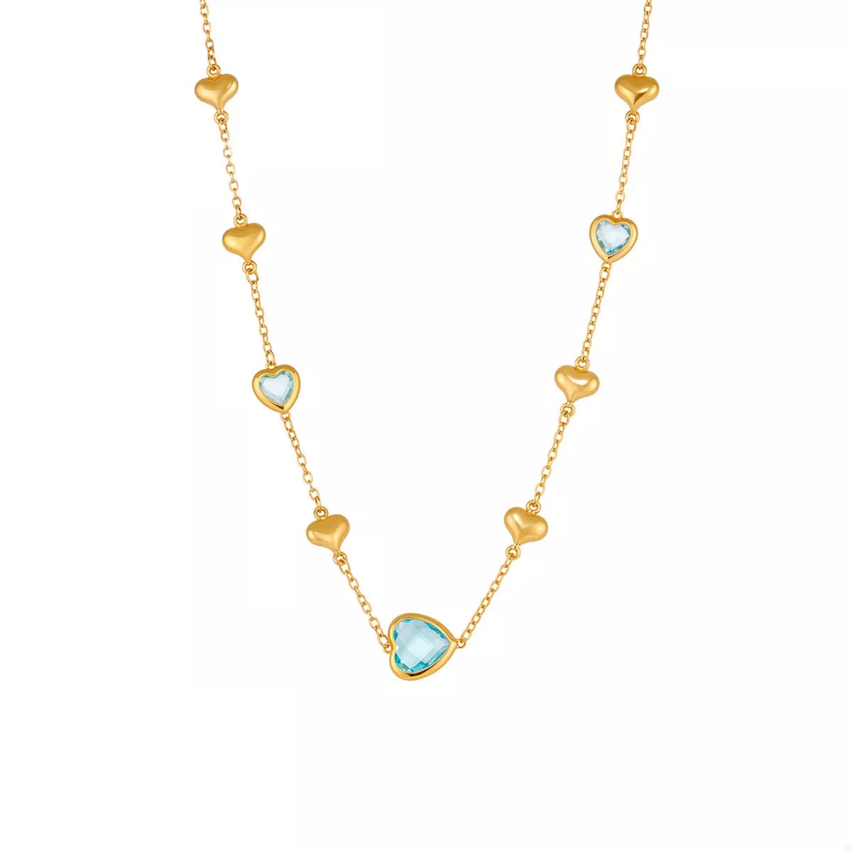 18K gold-plated heart necklace featuring a heart-shaped glass stone available in dark green, light blue, and blush pink with delicate gold heart accents.