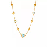18K gold-plated heart necklace featuring a heart-shaped glass stone available in dark green, light blue, and blush pink with delicate gold heart accents.