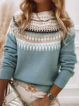 Women’s vintage patterned round neck sweater in blue with multicolor yoke design, available in sizes Small through 5XL.