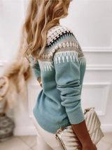 Women’s vintage patterned round neck sweater in blue with multicolor yoke design, available in sizes Small through 5XL.