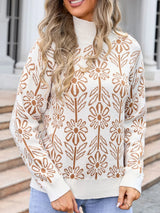 Women’s camel and cream floral turtleneck long sleeve sweater with allover flower pattern.