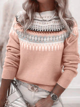 Women’s vintage patterned round neck sweater in apricot with multicolor yoke design, available in sizes Small through 5XL.