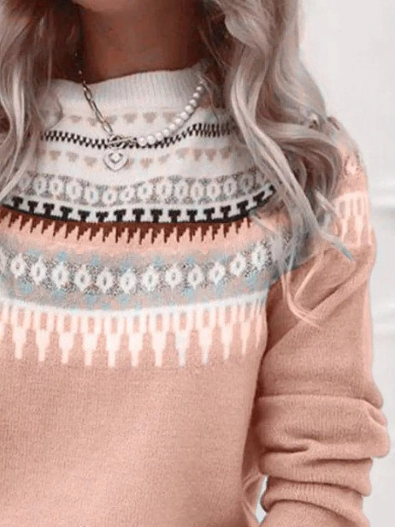 Women’s vintage patterned round neck sweater in apricot with multicolor yoke design, available in sizes Small through 5XL.