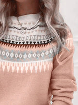Women’s vintage patterned round neck sweater in apricot with multicolor yoke design, available in sizes Small through 5XL.