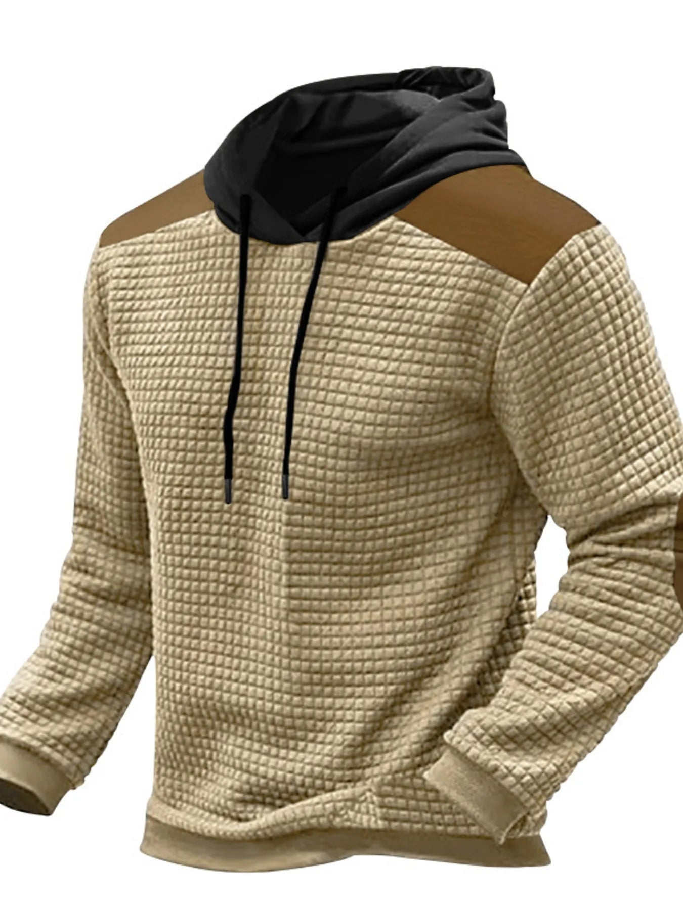 Men’s apricot waffle-knit hoodie with black hood, brown contrast shoulder panels and drawstring