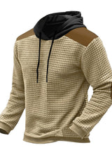 Men’s apricot waffle-knit hoodie with black hood, brown contrast shoulder panels and drawstring