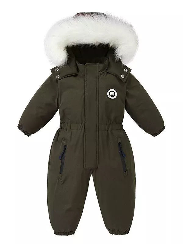 Children's army green one-piece winter snowsuit featuring a fluffy white faux fur-trimmed hood, rust-colored accents, elasticized waist, and front pockets.