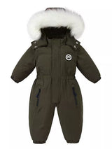 Children's army green one-piece winter snowsuit featuring a fluffy white faux fur-trimmed hood, rust-colored accents, elasticized waist, and front pockets.