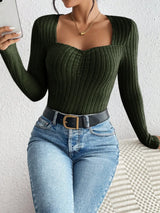 Woman wearing the Honey Ribbed Long Sleeve Sweetheart Neck Top in army green with light wash jeans and a black belt, stylish ribbed women's top from Chic Mystik Boutique.