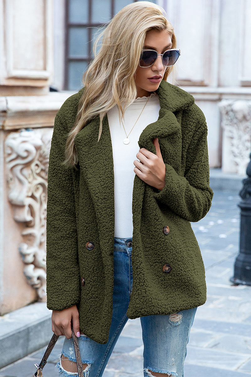 Ivy Lane women's army green sherpa coat with lapel collar, double-breasted button front, long sleeves, and textured fabric, available in sizes S–5XL.