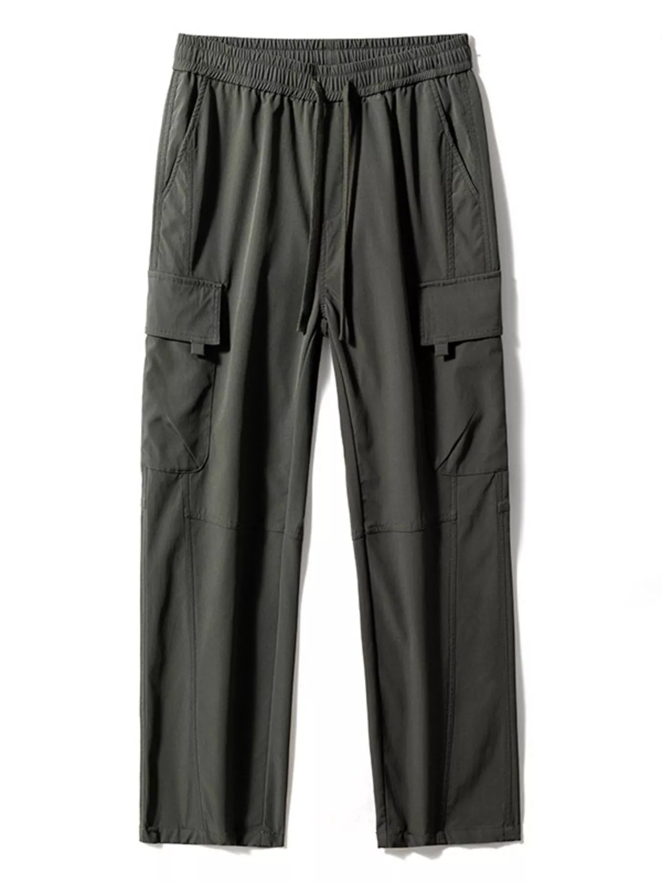 Men’s army green plus size cargo wide leg pants with drawstring waist and utility pockets, sizes Medium–4XL.