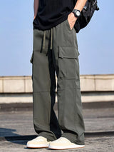 Men’s army green plus size cargo wide leg pants with drawstring waist and utility pockets, sizes Medium–4XL.