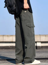 Men’s army green plus size cargo wide leg pants with drawstring waist and utility pockets, sizes Medium–4XL.