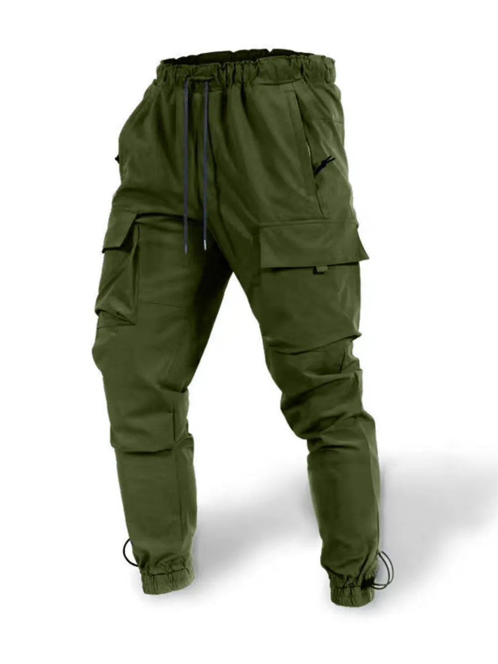 Men’s plus size army green drawstring cargo pants with multiple utility pockets and gathered ankles
