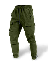 Men’s plus size army green drawstring cargo pants with multiple utility pockets and gathered ankles