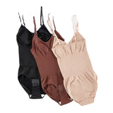 Three Basic Bae scoop-neck butt-lifting bodysuits in black, brown, and dust storm, featuring a smoothing silhouette and comfortable stretch fabric.