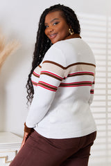 Woman wearing a white striped rib-knit top with a collared neckline and button-front detail, paired with brown jeans for a polished and sophisticated look.