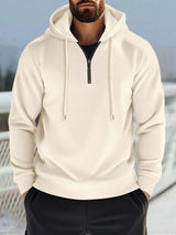 Men’s beige full size quarter zip long sleeve drawstring hoodie