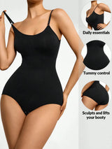 Three Basic Bae scoop-neck butt-lifting bodysuits in black, brown, and dust storm, featuring a smoothing silhouette and comfortable stretch fabric.