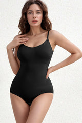Three Basic Bae scoop-neck butt-lifting bodysuits in black, brown, and dust storm, featuring a smoothing silhouette and comfortable stretch fabric.