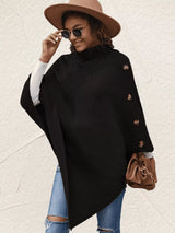 Women's black button-decor turtleneck poncho pullover with relaxed knit silhouette and draped hem.