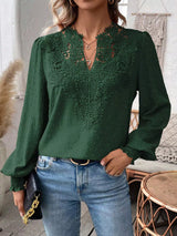 Women’s Swiss Dot Lace Detail Long Sleeve Blouse in black forest with V-neck lace detailing and long sleeves, available in sizes S–2XL.