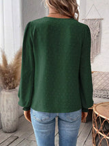 Women’s Swiss Dot Lace Detail Long Sleeve Blouse in black forest with V-neck lace detailing and long sleeves, available in sizes S–2XL.