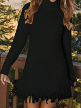 Woman wearing a black fringe turtleneck long sleeve sweater dress with brown knee-high boots, a cozy fall outfit from Chic Mystik Boutique.