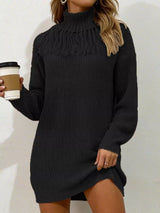 Black plus size turtleneck sweater dress with fringe neckline and long sleeves