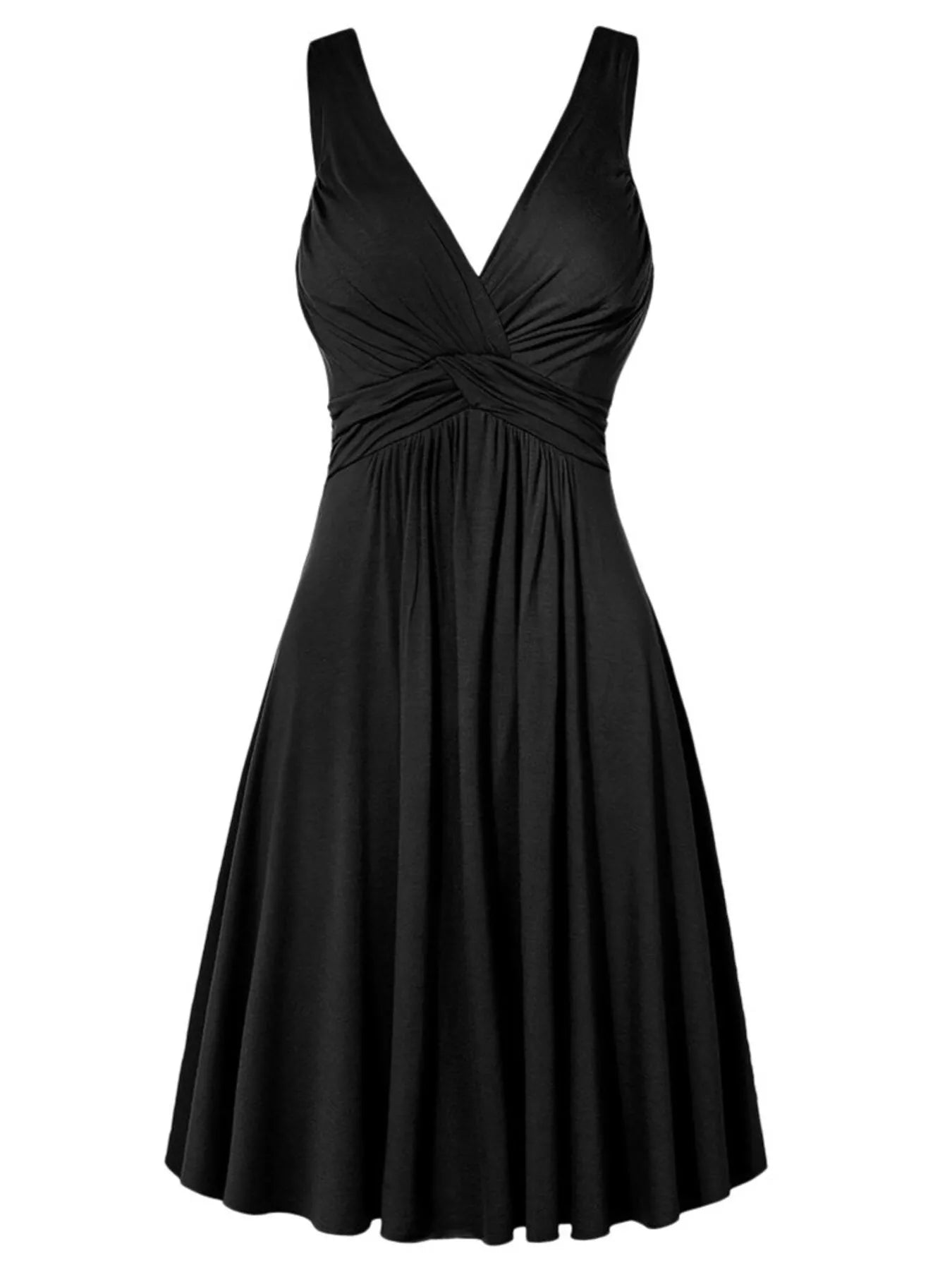 Black twisted sleeveless ruched waist A-line dress in plus sizes Small through 5XL