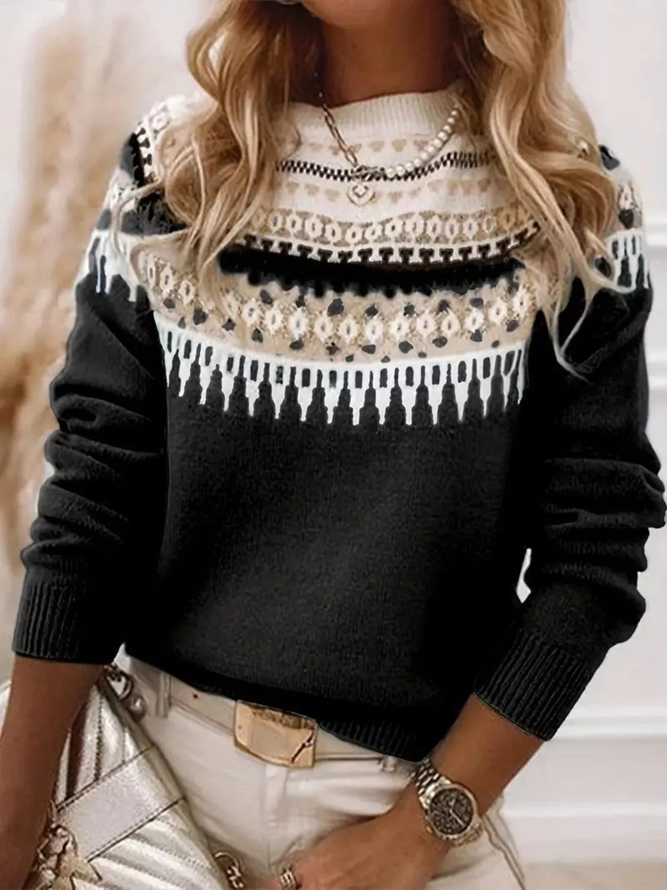 Women’s vintage patterned round neck sweater in black with multicolor yoke design, available in sizes Small through 5XL.