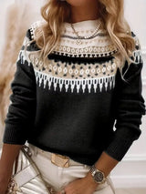 Women’s vintage patterned round neck sweater in black with multicolor yoke design, available in sizes Small through 5XL.