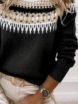 Women’s vintage patterned round neck sweater in black with multicolor yoke design, available in sizes Small through 5XL.