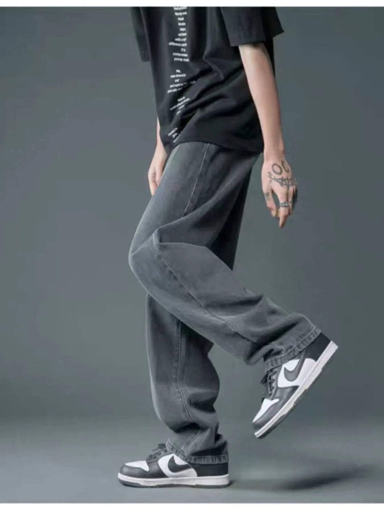 Men’s black gray washed wide leg relaxed fit jeans in extended sizes Small–3XL.