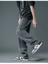 Men’s black gray washed wide leg relaxed fit jeans in extended sizes Small–3XL.