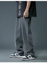 Men’s black gray washed wide leg relaxed fit jeans in extended sizes Small–3XL.