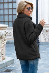 Ivy Lane women's black sherpa coat with lapel collar, double-breasted button front, long sleeves, and textured fabric, available in sizes S–5XL.