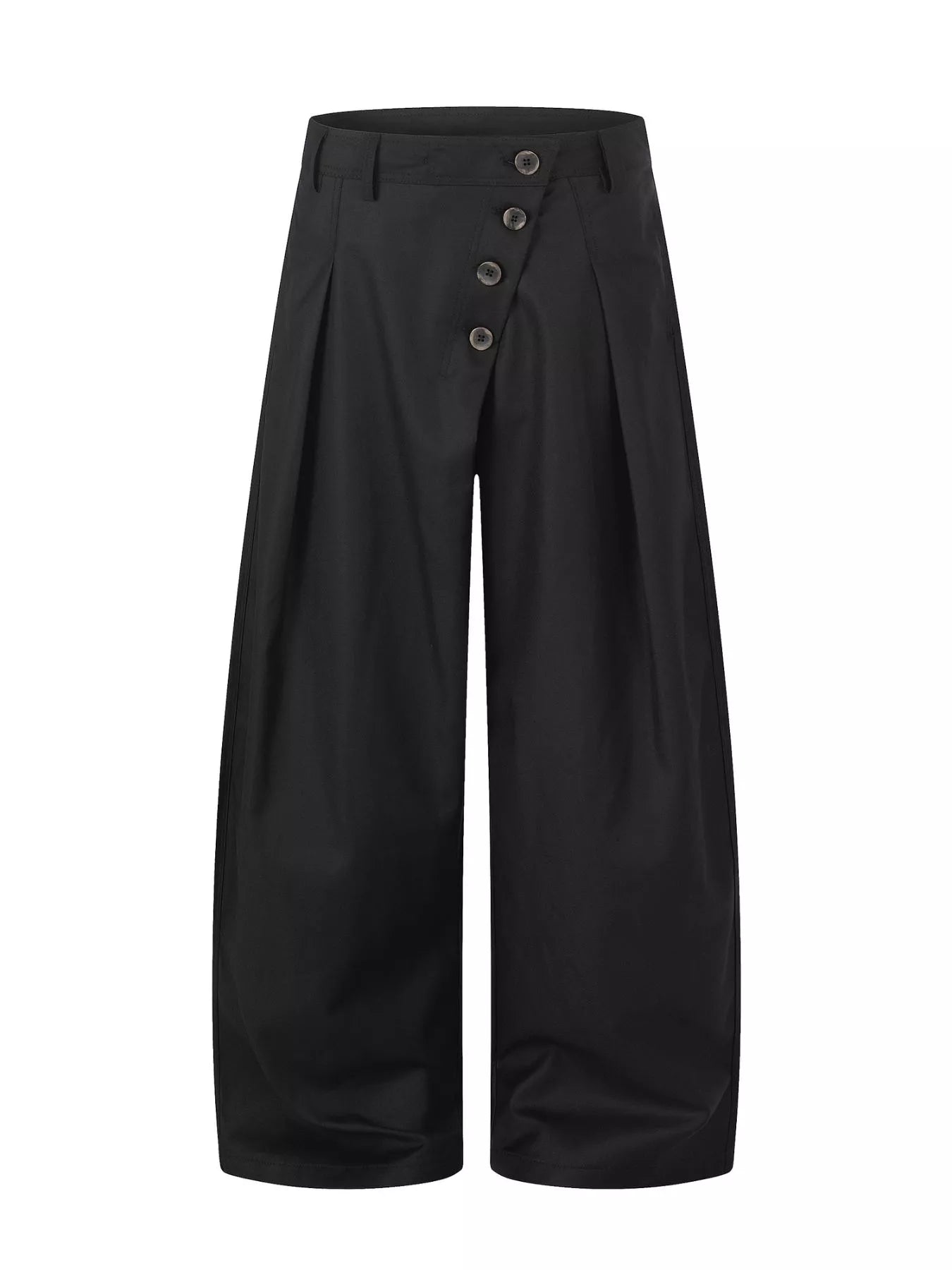 Men’s asymmetrical button wide-leg pants in coffee and black with pleated front and statement button detail.
