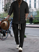 Men’s black button front long sleeve shirt and coordinating pants two-piece set