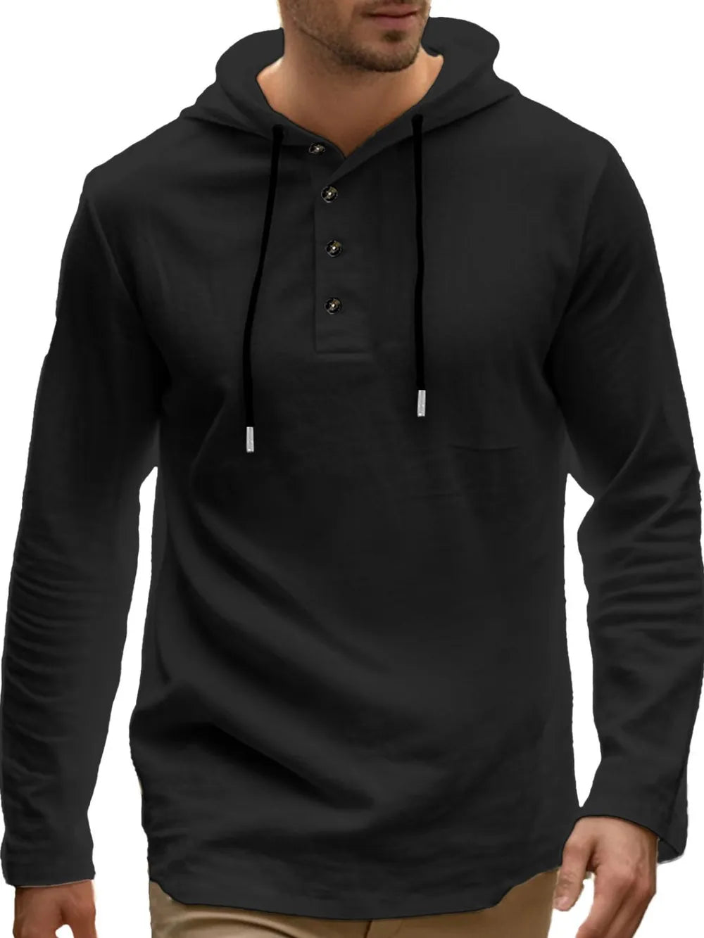 Men’s black full-size linen-blend long sleeve hoodie with black drawstring and button-detail neckline