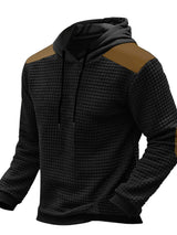 Men’s black waffle-knit hoodie with black hood, brown contrast shoulder panels and drawstring