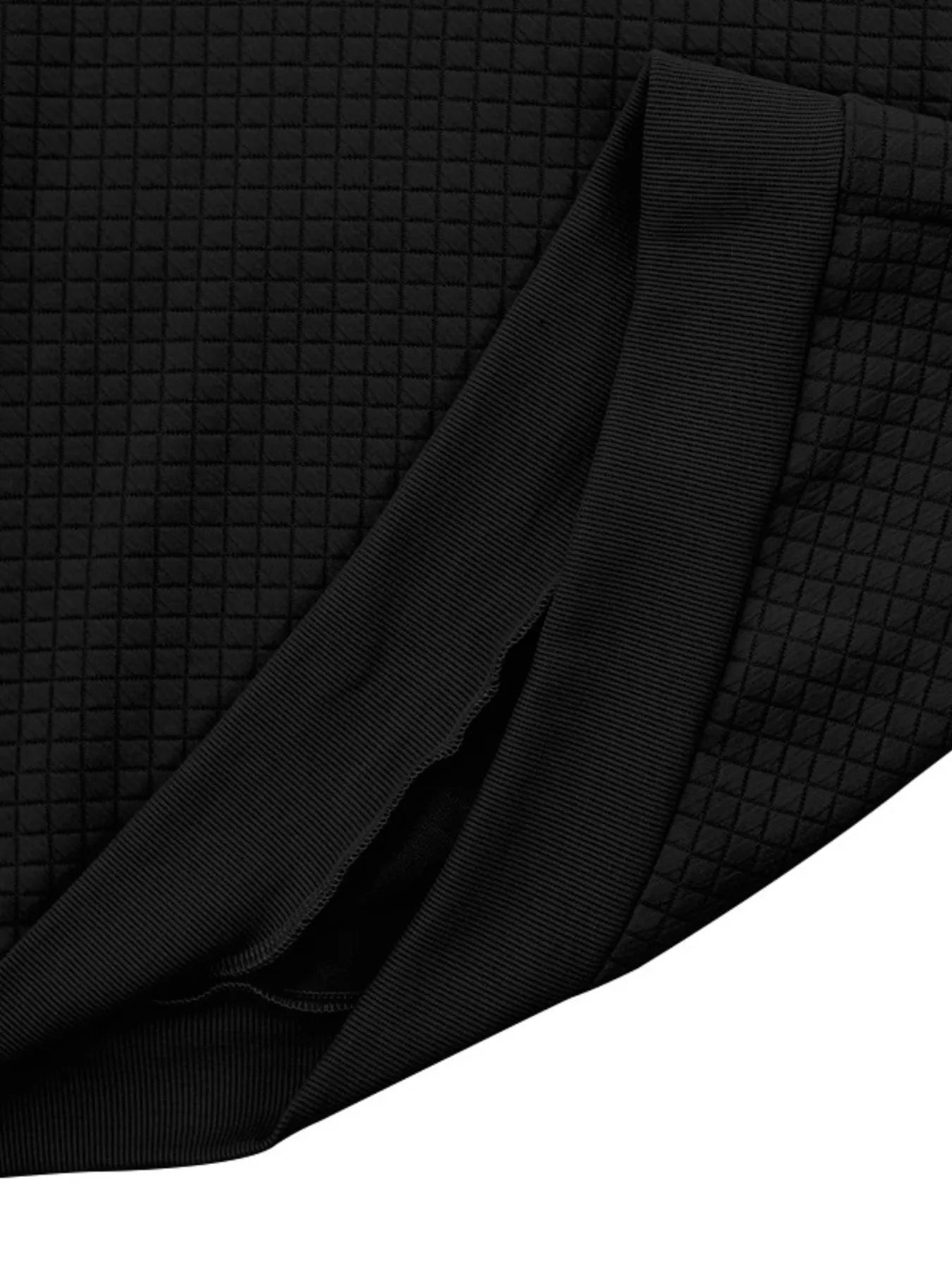 Men’s black waffle-knit hoodie with black hood, brown contrast shoulder panels and drawstring