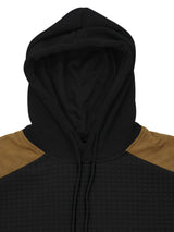 Men’s black waffle-knit hoodie with black hood, brown contrast shoulder panels and drawstring