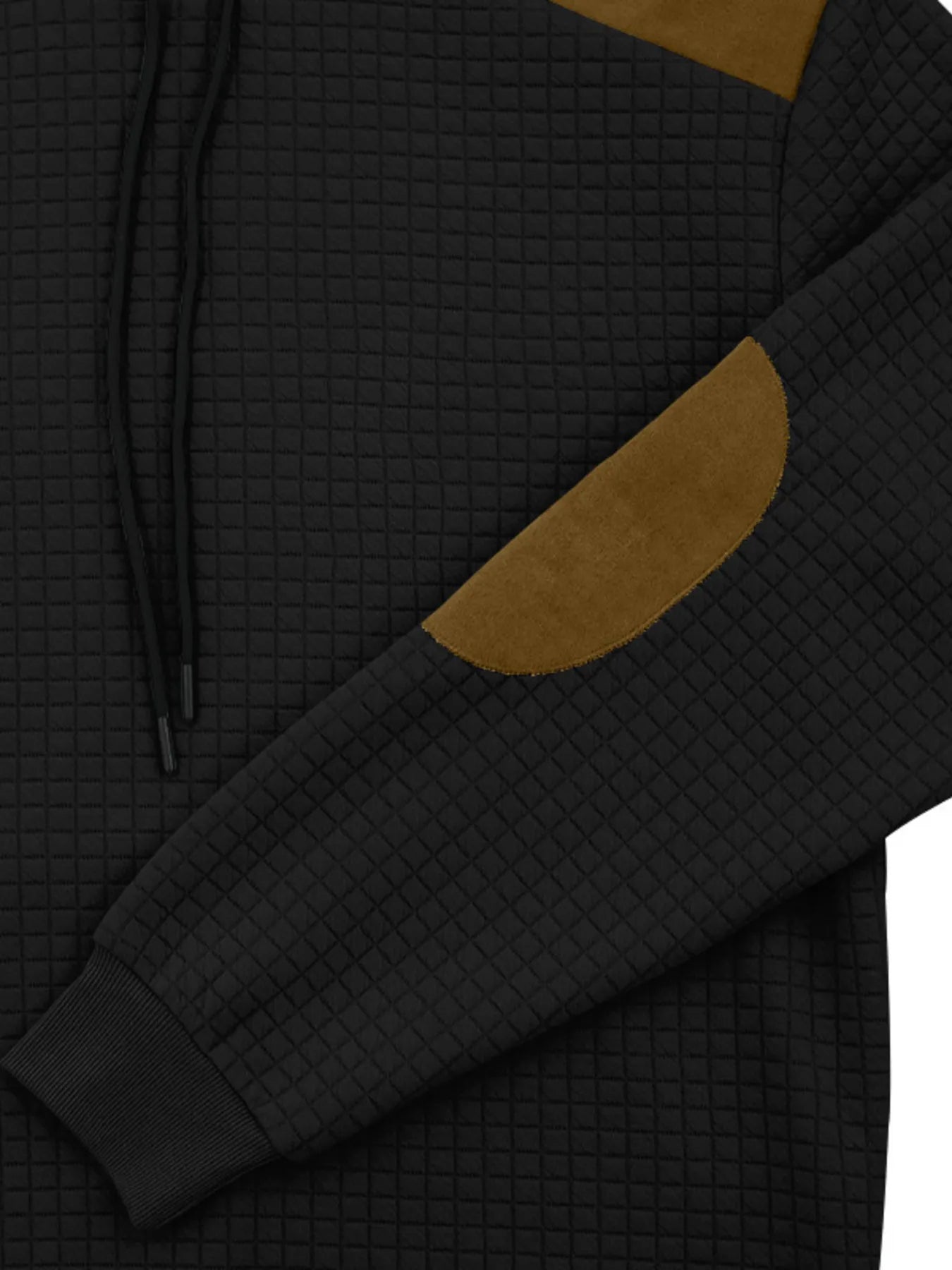 Men’s black waffle-knit hoodie with black hood, brown contrast shoulder panels and drawstring