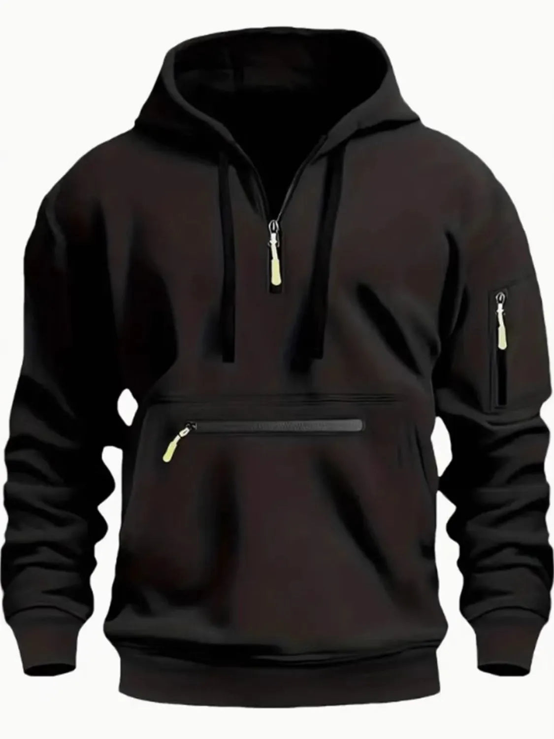 Men’s black full size half zip long sleeve hoodie with black drawstrings and zippered pocket details